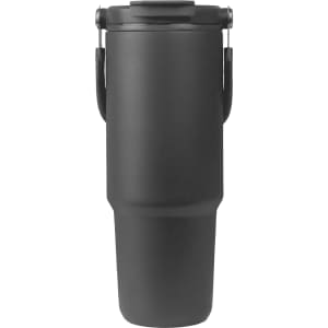 A drink bottle in matte black with a handle and a sleek, modern design. It features a logo on its surface.