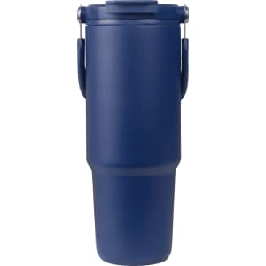 A drink bottle in navy blue with a handle and a secure lid, featuring a smooth finish and a branded logo.