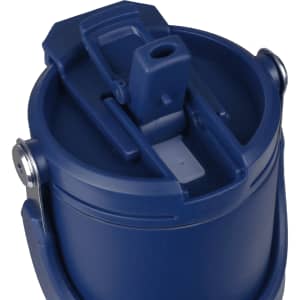 A drink bottle in navy blue with a secure lid and a built-in spout, featuring a metallic clasp.