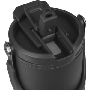 A drink bottle in matte black with a spout and secure lid features, along with metallic attachment points.