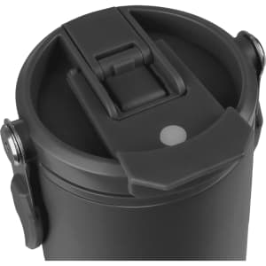 A drink bottle in matte black, featuring a secure flip-top lid and button for easy opening, with a logo present.