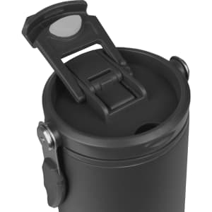 A drink bottle featuring a black matte finish and a flip-top lid with a locking mechanism. It has a logo on the side.