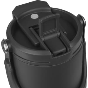 A drink bottle in black with a sleek design and a secure lid mechanism. It features a handle and a logo.