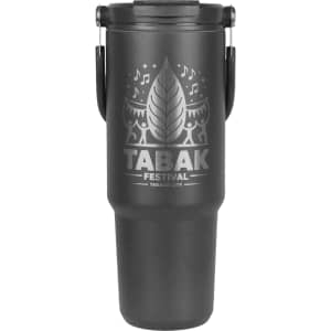 A drink bottle in a matte black finish, featuring decorative patterns and a carrying handle. It has a logo on the front.