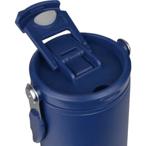 A drink bottle in navy blue with a hinged cap and a locking mechanism. It features a branding logo.