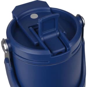 A drink bottle with a blue exterior and a secure lid featuring a handle and a hinged spout.