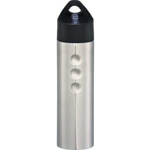 A drink bottle in stainless steel with a black lid, featuring a logo and a unique textured design.