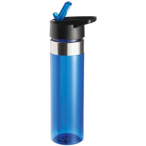 A drink bottle in vibrant blue with a black lid and straw, featuring a silver band. It has a logo on the side.