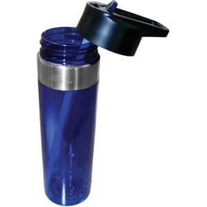 A drink bottle in blue with a silver band and a black cap, featuring a logo on the side.