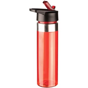 A drink bottle in bright red with a black lid and drinking spout, featuring a silver band.