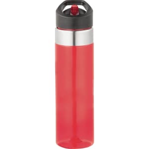 A drink bottle in vibrant red with a black and silver lid, featuring a logo.