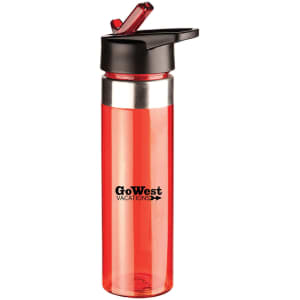 A drink bottle in bright red with a black lid and straw, featuring a logo on the body.