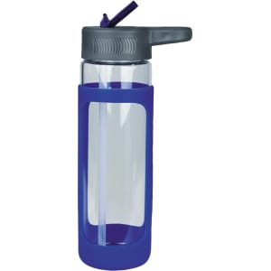 A drink bottle with a transparent body and a blue silicone cover, featuring a grey lid and straw.
