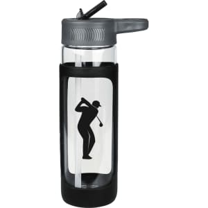A drink bottle featuring a clear glass body, grey silicone cover, and a golf-themed design.