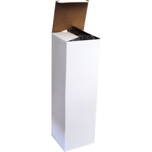 A white packaging box with an open lid, designed for a glass bottle with a silicone cover.