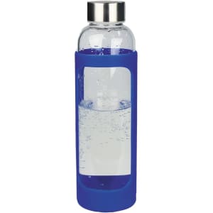 A drink bottle with a transparent glass body and a blue silicone cover, featuring a stainless steel lid.