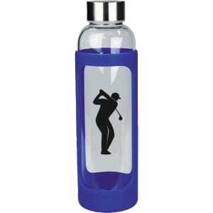 A drink bottle featuring a glass body and blue silicone cover, with a black silhouette design of a golfer.