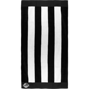 A beach towel featuring alternating black and white vertical stripes, with a logo at the bottom.