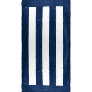 A navy blue and white striped beach towel with a logo on one corner. Perfect for leisure and outdoor activities.