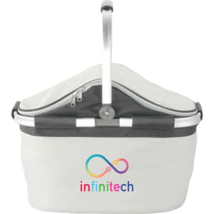 A white picnic carry bag with a silver handle and a branding logo on the front.