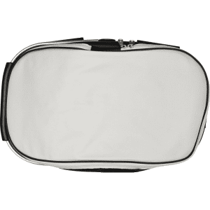 A white cooler bag with a black zipper and handle, featuring a logo.