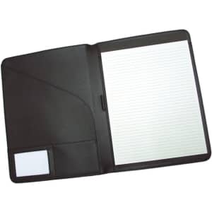 A black A4 pad cover with a lined notepad and a side pocket for business cards. Features a logo on the front.