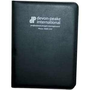 A black A4 pad cover featuring a logo, designed for office and business use.