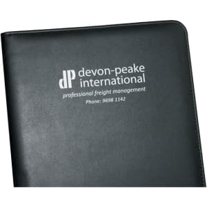 A black A4 pad cover features a logo on the front, suitable for office use in a professional setting.