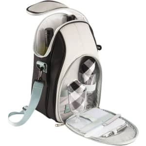 A black and grey picnic bag with wine bottles, glasses, napkins, and utensils inside. It features a logo.