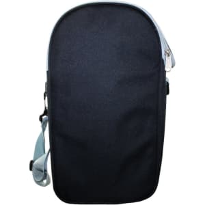 A black cooler bag with a grey zipper, featuring a shoulder strap and a sleek design.