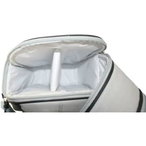 A grey cooler bag with two compartments, featuring a white divider inside. The interior is insulated and lined.