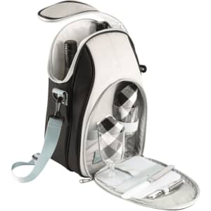 A cooler bag in black and grey featuring two wine glasses, wine bottle slots, napkins, and utensils.