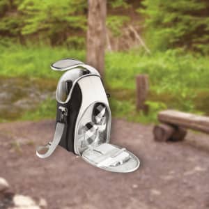 A black and white cooler bag with a clear front, featuring compartments for bottles and utensils.