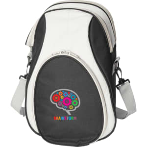 A black and white cooler bag featuring a colourful brain graphic and an adjustable shoulder strap.