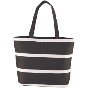 A striped insulated cooler bag in black and white with two sturdy handles. It features a logo on the side.