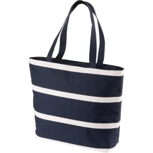 A navy blue insulated cooler bag with white stripes and two sturdy handles. It features a logo on the front.