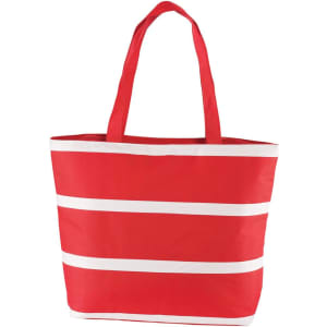 A red insulated cooler bag with white stripes and two handles. It features a logo on the front.