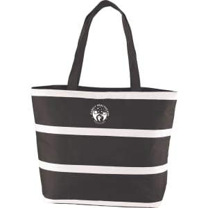 A black and white insulated cooler bag with a logo, featuring two sturdy handles for easy carrying.