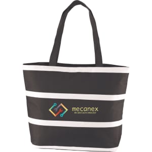 A black insulated cooler bag with white stripes and a logo on the front, featuring sturdy handles.