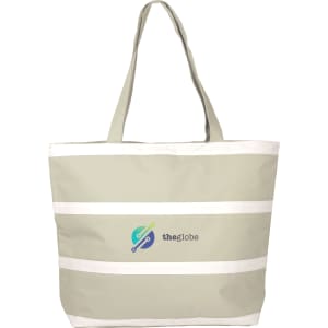 A light green insulated cooler bag with white stripes and a logo on the front. Features two shoulder straps.