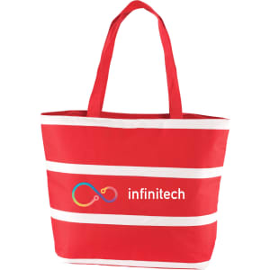 A red insulated cooler bag with white stripes and handles, featuring a logo on the front.