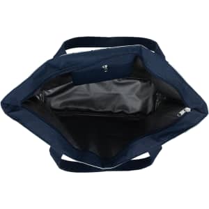 An insulated cooler bag in navy blue with a spacious interior and zippers. Includes an inner pocket and a logo.