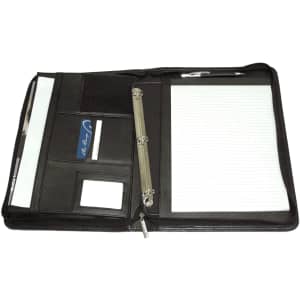 A black imitation leather zip compendium with internal pockets, a pen, and a notepad. It has a branding logo inside.