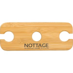 A bamboo wine bottle and glass carrier featuring two circular cutouts and a logo.