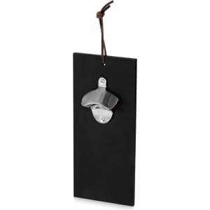 A drink bottle opener with a sleek black design and a silver metal cap, featuring a hanging cord.