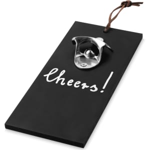 A drink bottle opener in a black rectangular design, featuring a metal opener and a leather tie.