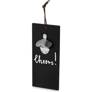 A drink bottle opener in black with a silver opener and a leather loop for hanging, featuring the word "cheers!"