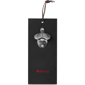 A drink bottle opener in silver metal, mounted on a black card with a hanging loop, featuring a logo.