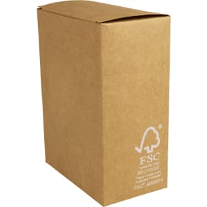 A brown, recyclable cardboard box with a logo, featuring a tab closure at the top.