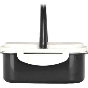A black and white plastic lunch box with a handle, featuring a sleek design and a secure lid.